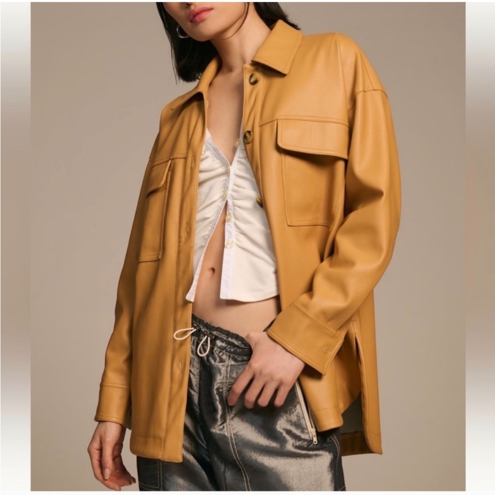 Anthropologie Maeve Faux Leather shirt jacket sz S tan button front